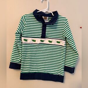 Little Bear Smocke Masters Themed Green Striped Shirt with Navy Accents